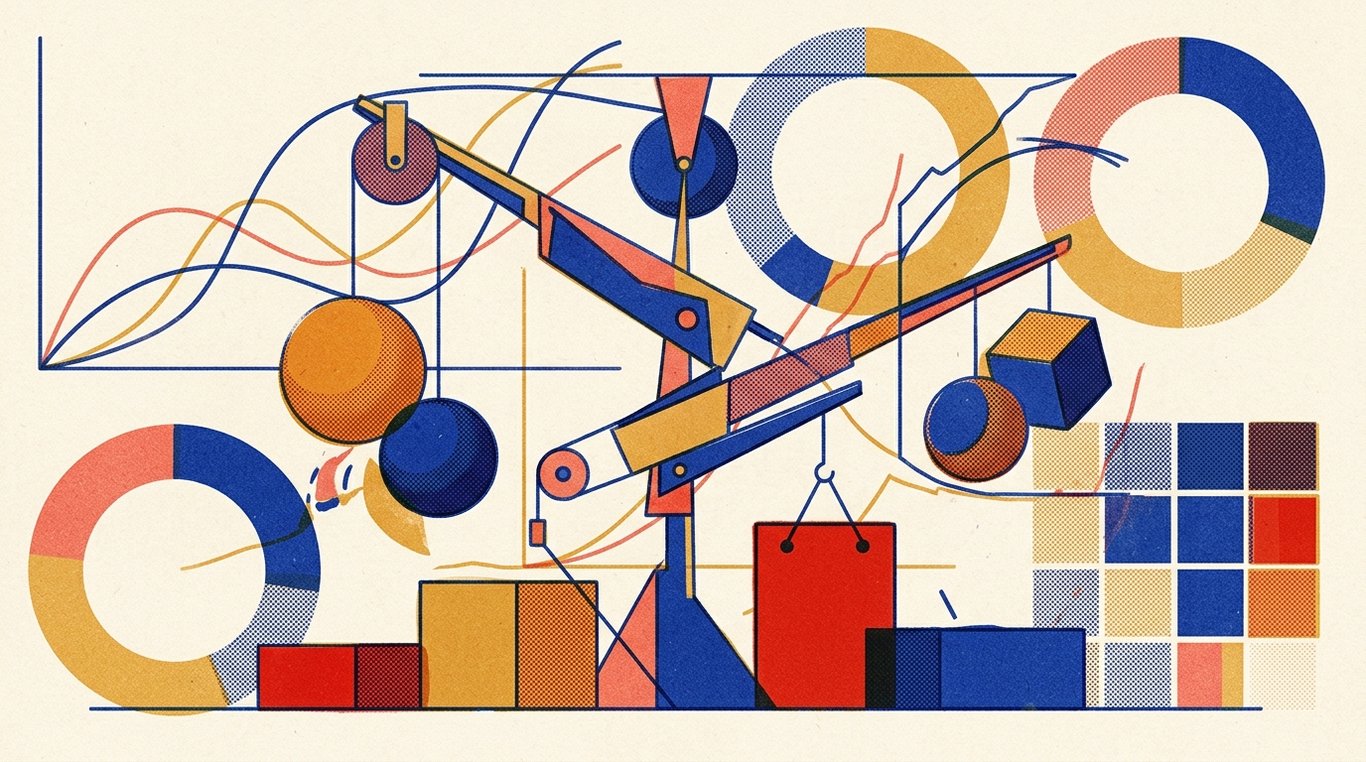 Contemporary risograph editorial illustration of balanced geometric structure of equity growth spheres and foundational debt blocks maintained in equilibrium by dynamic allocation levers for 'How to Read a Mutual Fund Factsheet: Some 'Funny Facts' to Look For'