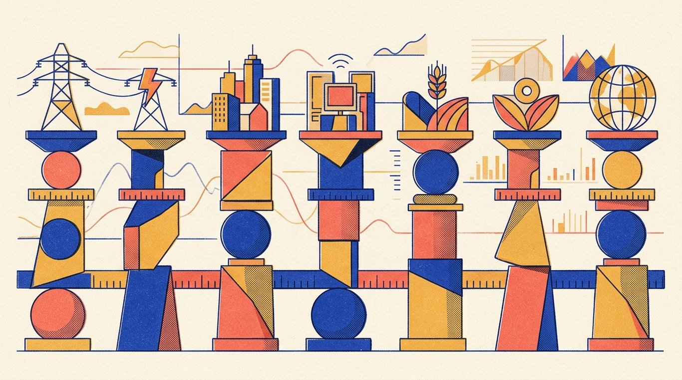 Contemporary risograph editorial illustration of harmonious architectural colonnade of balanced geometric pedestals and calibrated index rails supporting diverse enterprise sectors in equilibrium for 'How to Start a SIP in a Nifty 50 Index Fund'