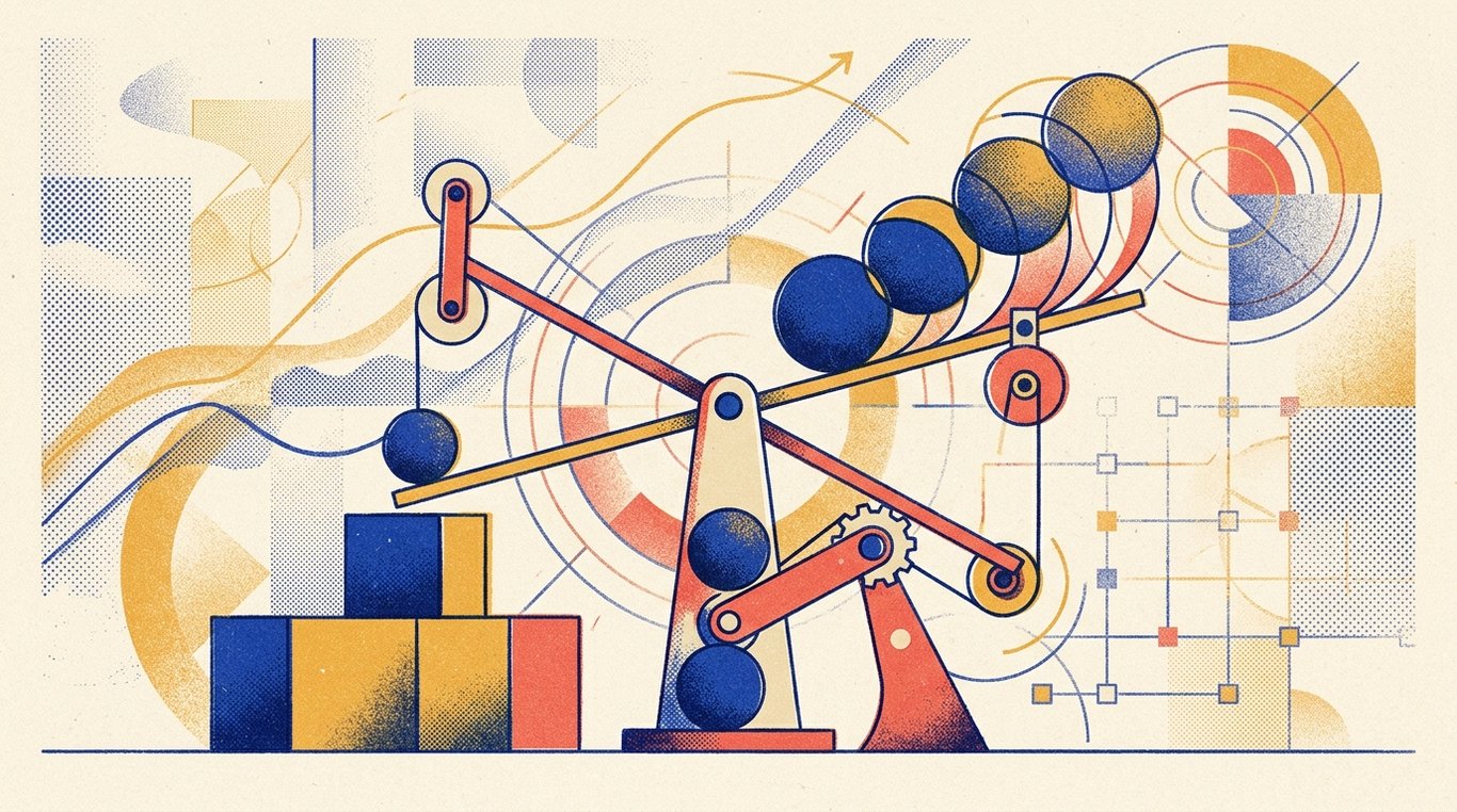 Contemporary risograph editorial illustration of balanced geometric structure of equity growth spheres and foundational debt blocks maintained in equilibrium by dynamic allocation levers for 'How to Start a SIP with Just ₹500 a Month'
