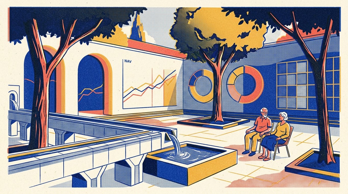 Contemporary risograph editorial illustration of serene architectural courtyard with sturdy shade trees and a rhythmic, reliable monthly pension aqueduct filling an elderly couple's personal reservoir for 'How to Use SWP (Systematic Withdrawal Plan) for Retirement Income'