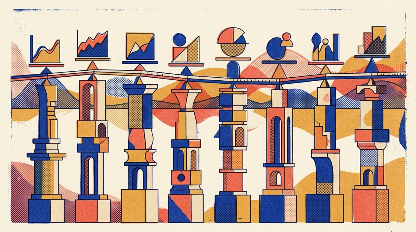 Contemporary risograph editorial illustration of harmonious architectural colonnade of balanced geometric pedestals and calibrated index rails supporting diverse enterprise sectors in equilibrium for 'How Tracking Error Impacts Your Index Fund Returns'