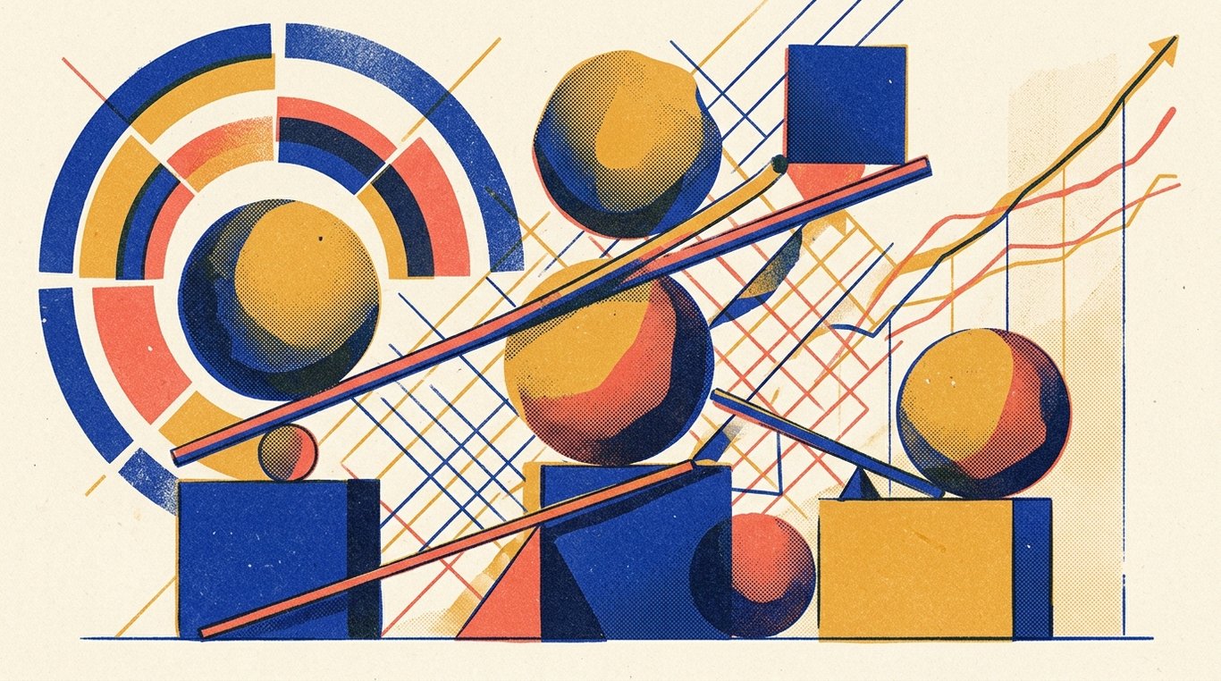 Contemporary risograph editorial illustration of balanced geometric structure of equity growth spheres and foundational debt blocks maintained in equilibrium by dynamic allocation levers for 'I Have Never Invested a Rupee: The Ultimate Zero-to-Investing Mutual Fund Guide'