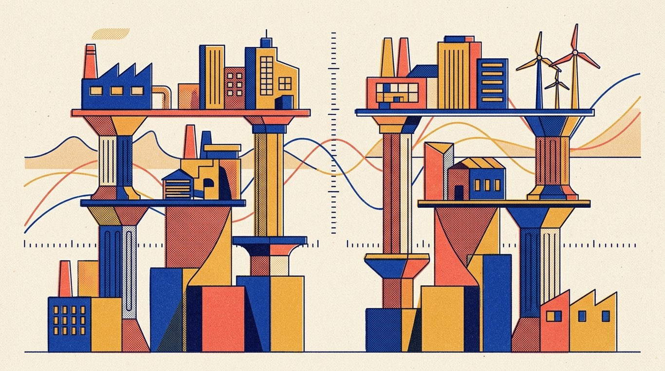 Contemporary risograph editorial illustration of harmonious architectural colonnade of balanced geometric pedestals and calibrated index rails supporting diverse enterprise sectors in equilibrium for 'Index Fund vs ETF: The Definitive Comparison for Indian Investors'