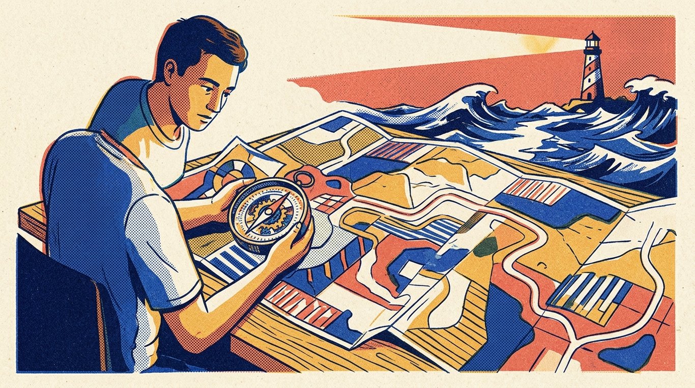 Contemporary risograph editorial illustration of investor navigating financial map with autonomous compass alongside experienced navigator beacon