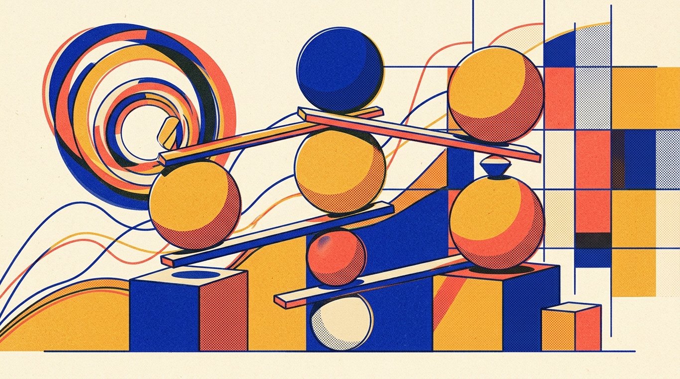 Contemporary risograph editorial illustration of balanced geometric structure of equity growth spheres and foundational debt blocks maintained in equilibrium by dynamic allocation levers for 'International Mutual Funds: Should You Invest in US Stocks via India?'