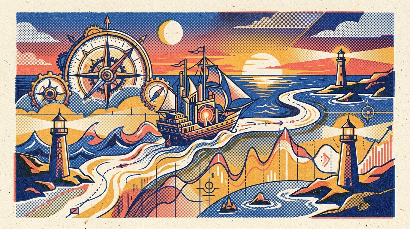 Contemporary risograph editorial illustration of intricate navigational financial map with self-calibrating compass dials and beacon lighthouses guiding capital through changing market cycles for 'Jack Bogle's Philosophy: Does it Work in the Indian Stock Market?'