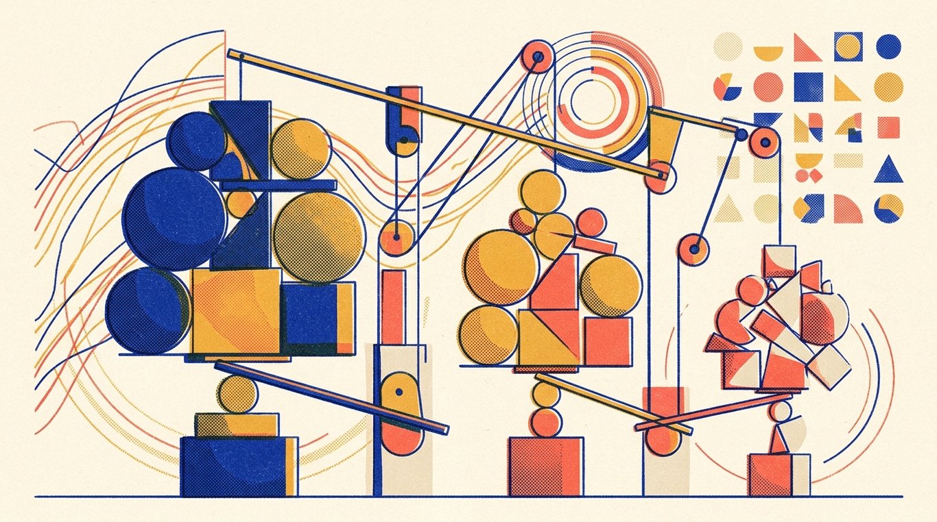 Contemporary risograph editorial illustration of balanced geometric structure of equity growth spheres and foundational debt blocks maintained in equilibrium by dynamic allocation levers for 'Large Cap, Mid Cap, and Small Cap Funds: Understanding the Difference'