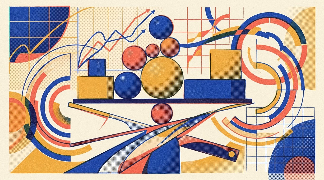 Contemporary risograph editorial illustration of balanced geometric structure of equity growth spheres and foundational debt blocks maintained in equilibrium by dynamic allocation levers for 'Large & Mid Cap Funds: The Perfect Middle Ground?'