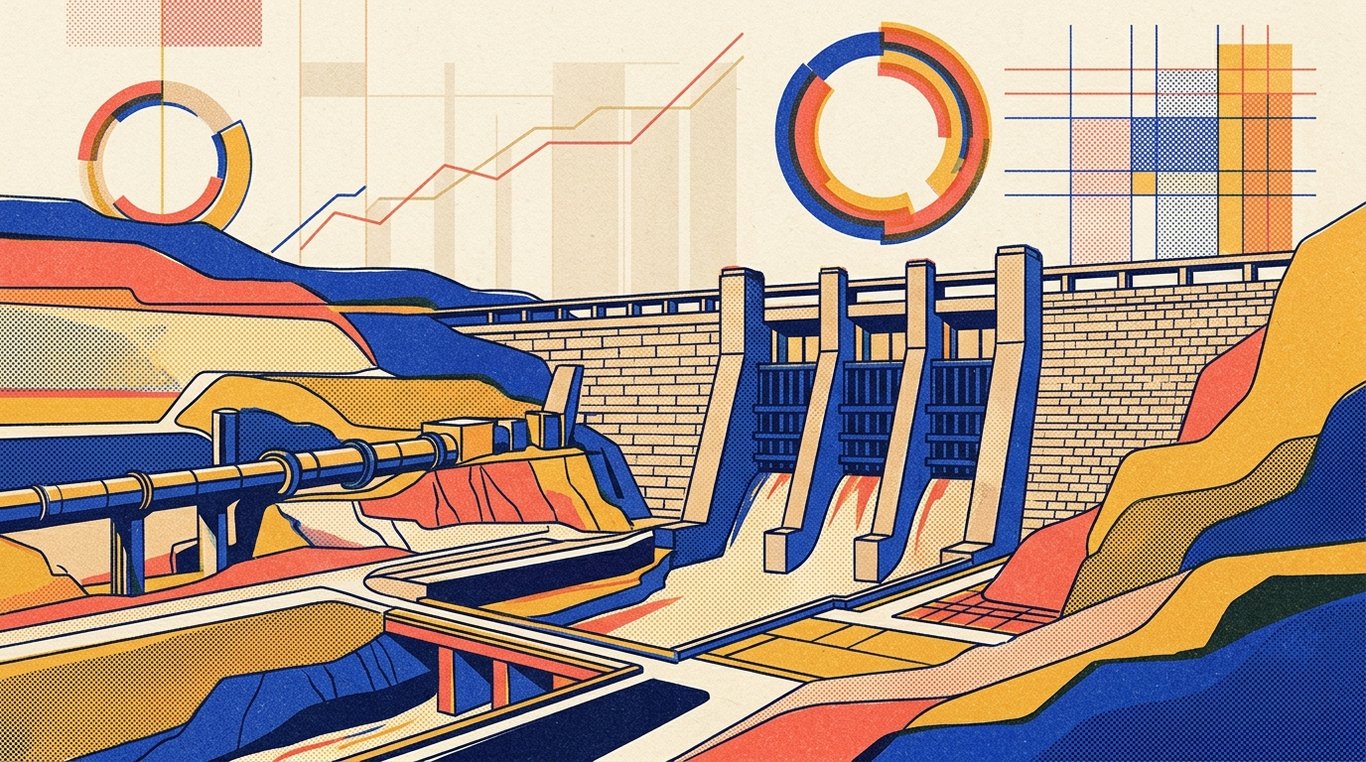 Contemporary risograph editorial illustration of monumental stone reservoir dam with calibrated sluice gates and industrial liquidity aqueducts channeling capital across fixed-income terrains for 'Liquid Funds vs Savings Accounts: Where to Park Your Emergency Fund'