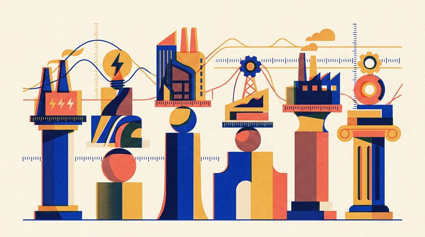 Contemporary risograph editorial illustration of harmonious architectural colonnade of balanced geometric pedestals and calibrated index rails supporting diverse enterprise sectors in equilibrium for 'Liquidity in ETFs: Why You Must Check Volumes Before Buying'