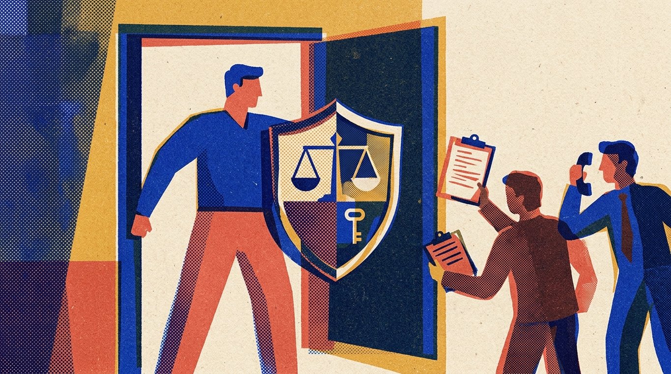 Contemporary risograph editorial illustration of Indian consumer with protective legal justice shield confronting aggressive debt recovery agents