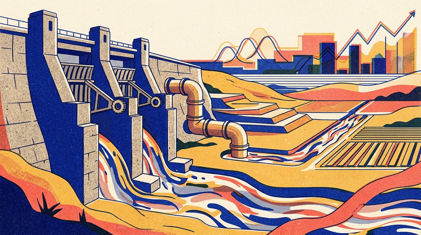 Contemporary risograph editorial illustration of monumental stone reservoir dam with calibrated sluice gates and industrial liquidity aqueducts channeling capital across fixed-income terrains for 'Lock-in Periods and Premature Exit Rules for RBI Bonds'