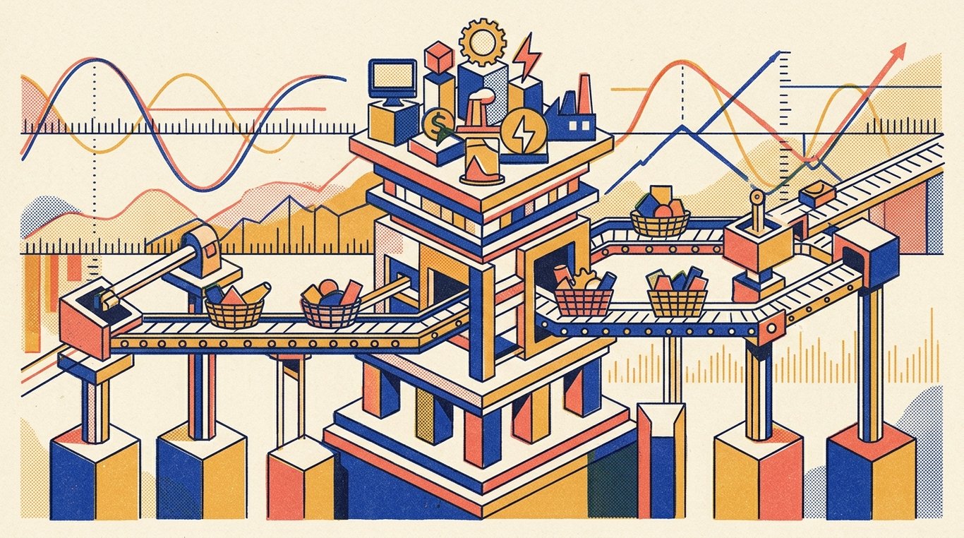 Contemporary risograph editorial illustration of harmonious architectural colonnade of balanced geometric pedestals and calibrated index rails supporting diverse enterprise sectors in equilibrium for 'Market Maker (Authorized Participant) in ETFs Explained'