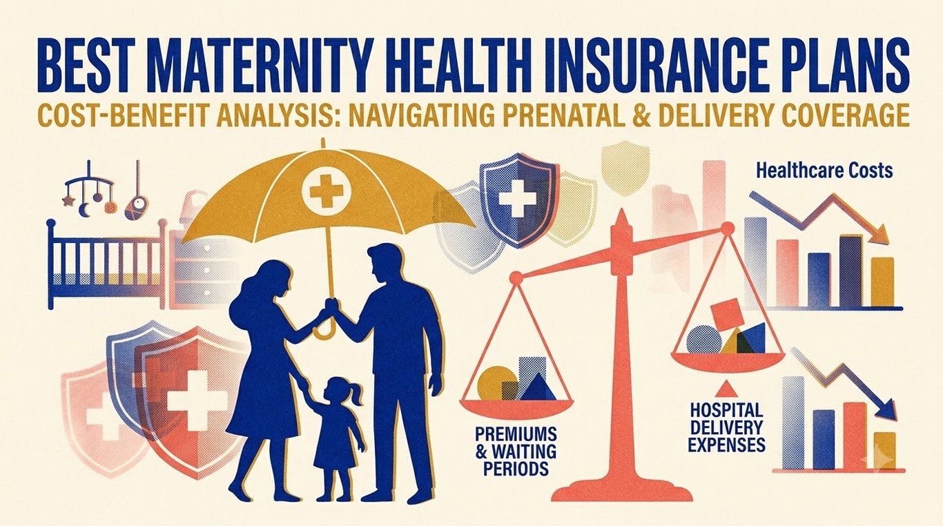 Contemporary risograph editorial illustration of family sheltered under health insurance umbrella evaluating maternity cost-benefit scales