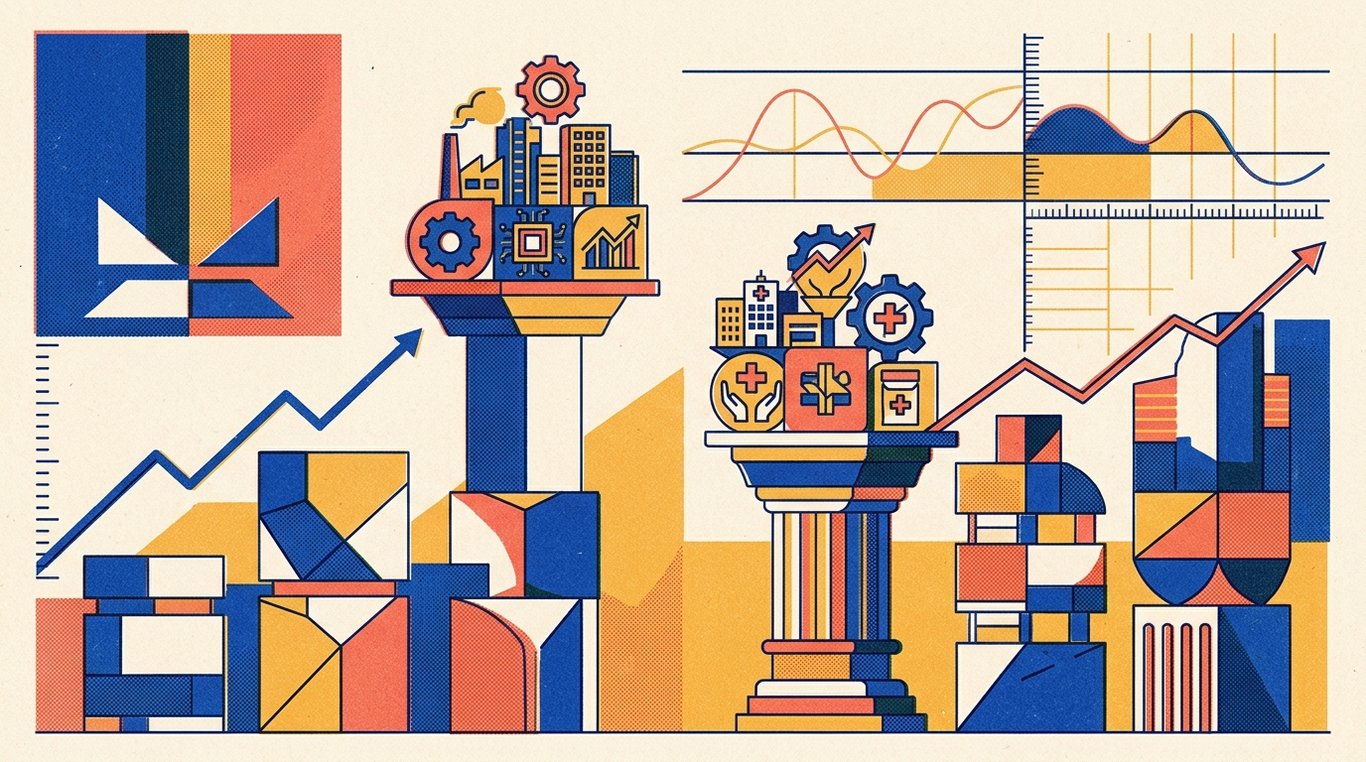 Contemporary risograph editorial illustration of harmonious architectural colonnade of balanced geometric pedestals and calibrated index rails supporting diverse enterprise sectors in equilibrium for 'Midcap 150 ETFs vs Midcap Mutual Funds: The Ultimate Showdown'