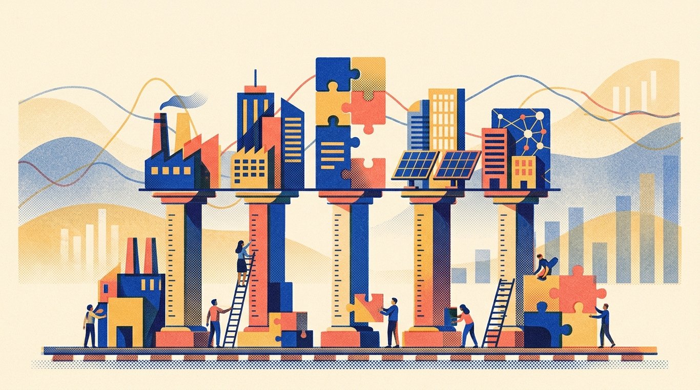 Contemporary risograph editorial illustration of harmonious architectural colonnade of balanced geometric pedestals and calibrated index rails supporting diverse enterprise sectors in equilibrium for 'Midcap 150 Index Funds: Are They Better Than Active Midcap Funds?'