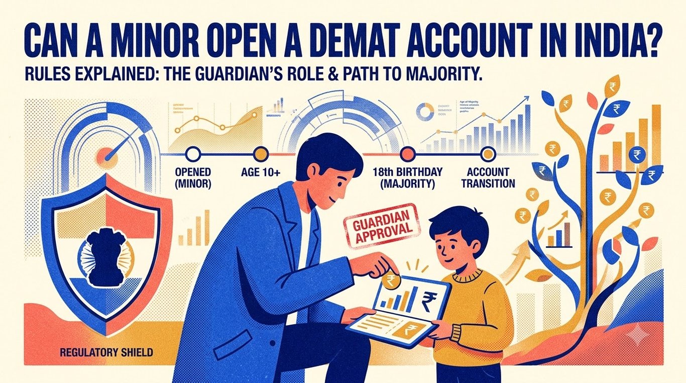 Contemporary risograph editorial illustration of guardian handing investment demat key to child with equity sprout