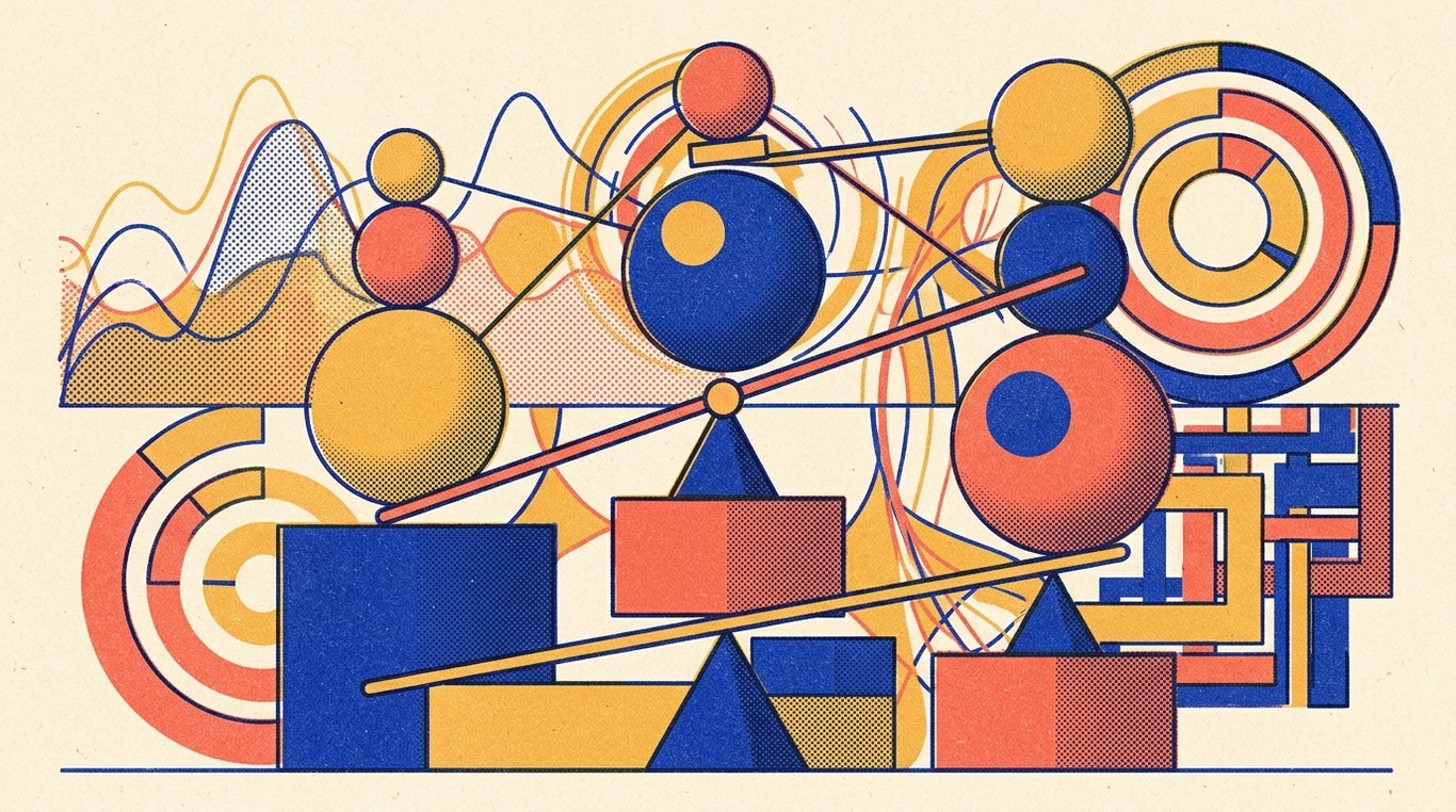 Contemporary risograph editorial illustration of balanced geometric structure of equity growth spheres and foundational debt blocks maintained in equilibrium by dynamic allocation levers for 'Multi-Asset Allocation Funds: Built-in Diversification Explained'