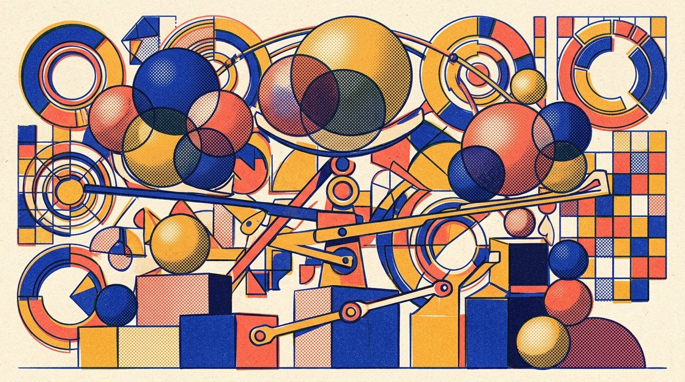 Contemporary risograph editorial illustration of balanced geometric structure of equity growth spheres and foundational debt blocks maintained in equilibrium by dynamic allocation levers for 'Mutual Fund Overlap: Are You Buying the Same Stocks Multiple Times?'
