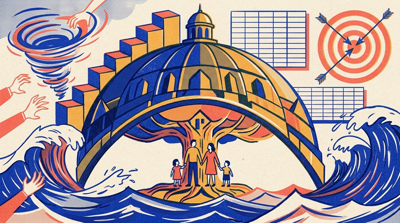 Contemporary risograph editorial illustration of imposing, fortified architectural dome shield sheltering a family sanctuary and financial foundation against storm waves and sudden external turbulence for 'MWP Act in Term Insurance: How to Protect Your Claim from Creditors'