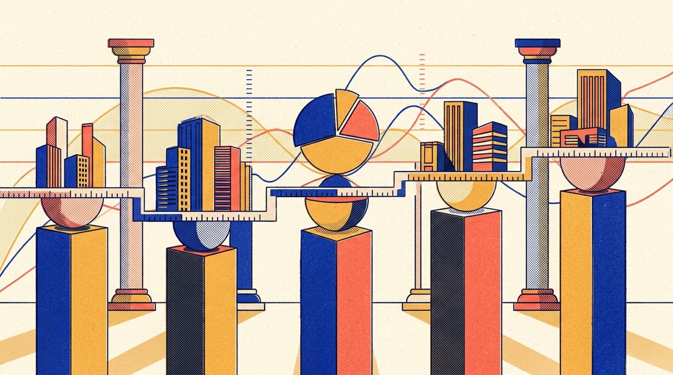 Contemporary risograph editorial illustration of harmonious architectural colonnade of balanced geometric pedestals and calibrated index rails supporting diverse enterprise sectors in equilibrium for 'Nifty 100 Index Funds: Why They are Redundant for Most Investors'