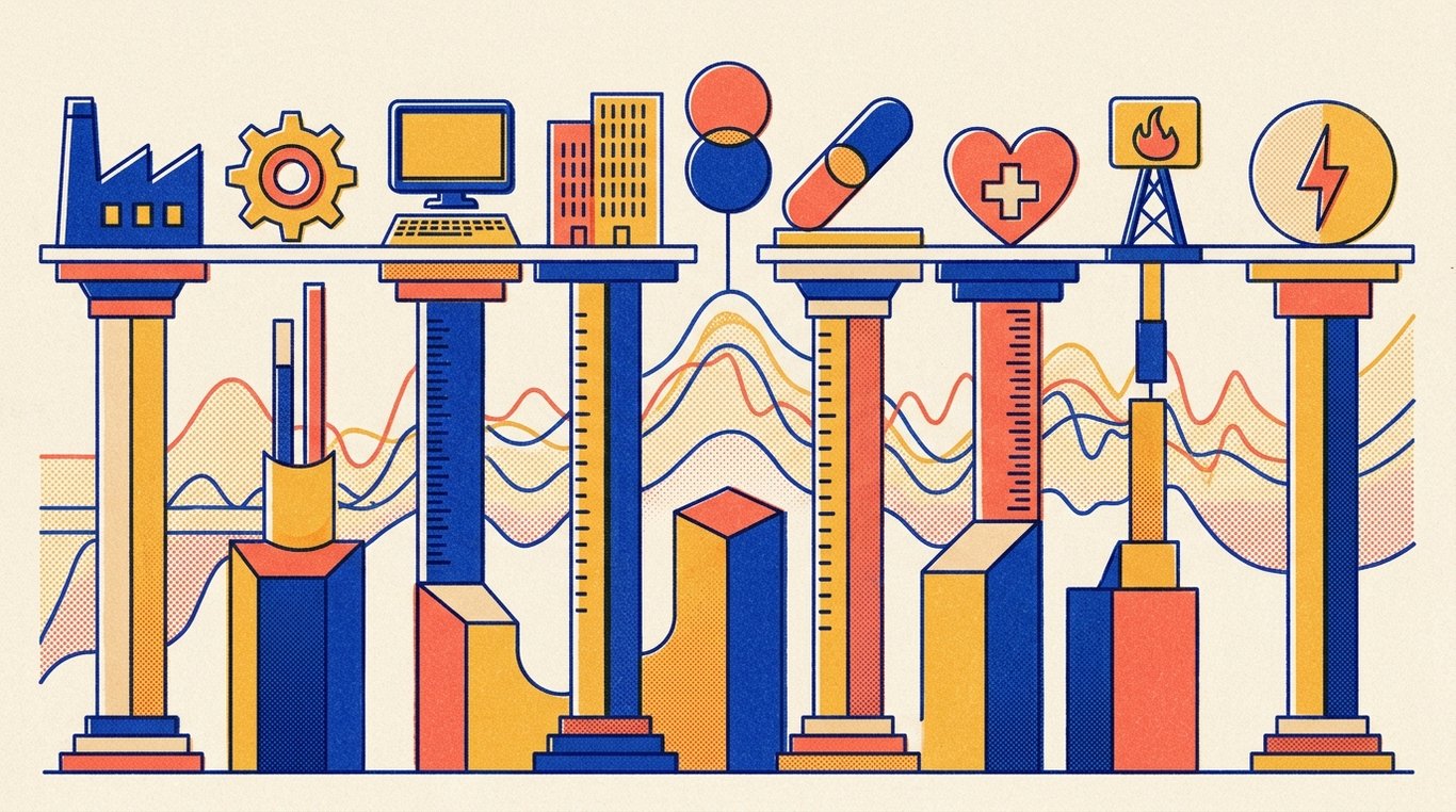 Contemporary risograph editorial illustration of harmonious architectural colonnade of balanced geometric pedestals and calibrated index rails supporting diverse enterprise sectors in equilibrium for 'Nifty 100 Low Volatility 30 ETFs: How to Reduce Portfolio Risk'