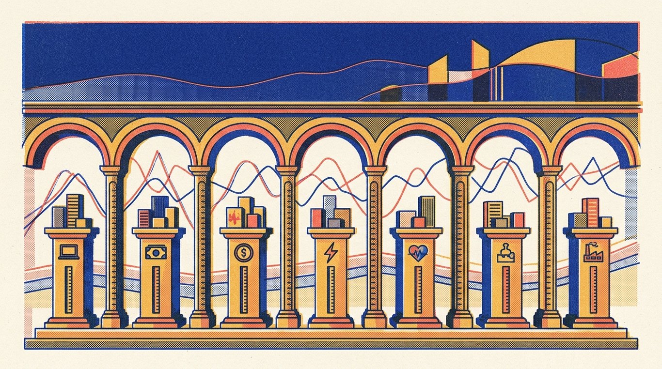 Contemporary risograph editorial illustration of harmonious architectural colonnade of balanced geometric pedestals and calibrated index rails supporting diverse enterprise sectors in equilibrium for 'Nifty 100 Low Volatility 30 Index Fund: Protecting the Downside'