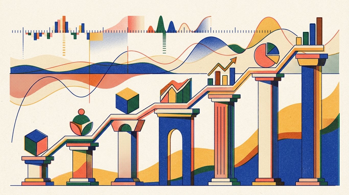 Contemporary risograph editorial illustration of harmonious architectural colonnade of balanced geometric pedestals and calibrated index rails supporting diverse enterprise sectors in equilibrium for 'Nifty 200 Momentum 30 Index Fund: Riding the Market Trends'