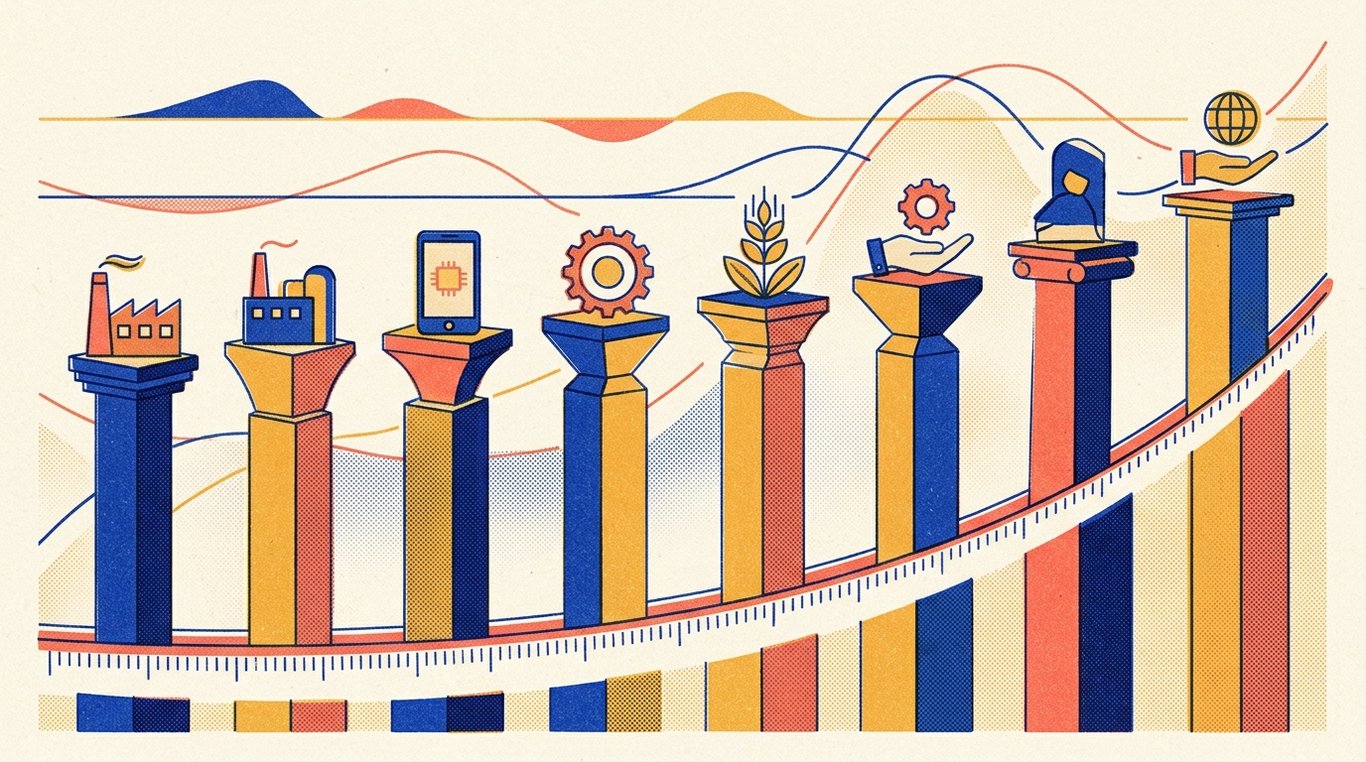 Contemporary risograph editorial illustration of harmonious architectural colonnade of balanced geometric pedestals and calibrated index rails supporting diverse enterprise sectors in equilibrium for 'Nifty 50 Index Funds: The Safest Equity Investment in India?'