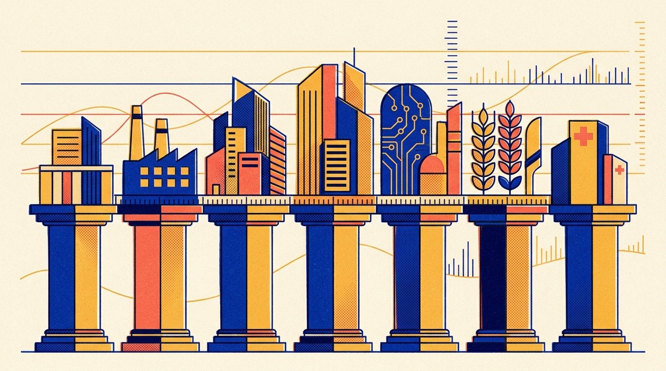 Contemporary risograph editorial illustration of harmonious architectural colonnade of balanced geometric pedestals and calibrated index rails supporting diverse enterprise sectors in equilibrium for 'Nifty 500 Index Funds: Buying the Entire Indian Stock Market'