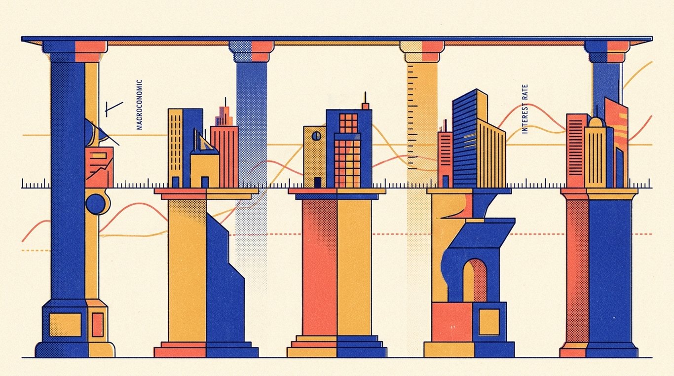Contemporary risograph editorial illustration of harmonious architectural colonnade of balanced geometric pedestals and calibrated index rails supporting diverse enterprise sectors in equilibrium for 'Nifty Alpha 50 Index Funds: High Risk Active-Like Returns'
