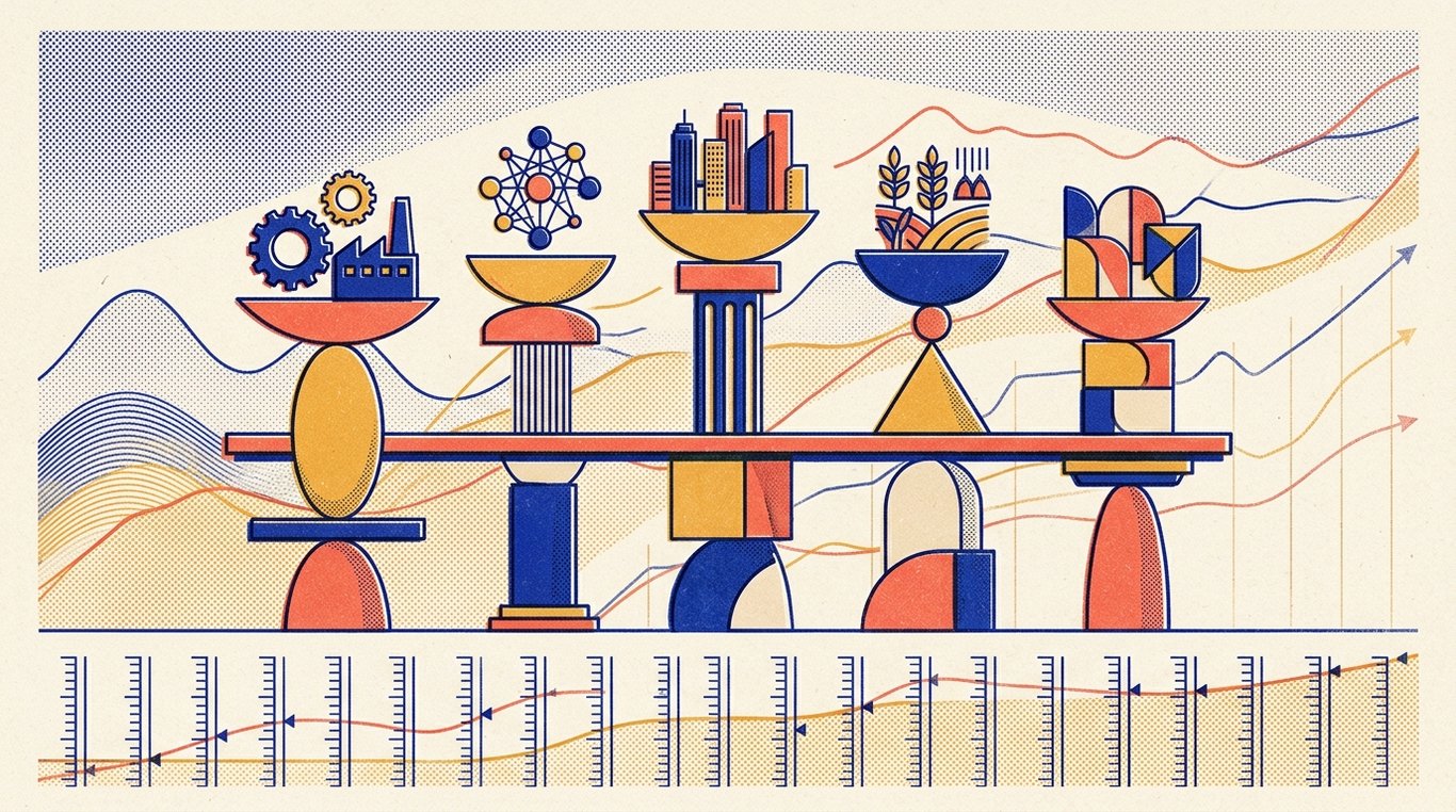 Contemporary risograph editorial illustration of harmonious architectural colonnade of balanced geometric pedestals and calibrated index rails supporting diverse enterprise sectors in equilibrium for 'Nifty Bees Explained: The Most Popular ETF in India'