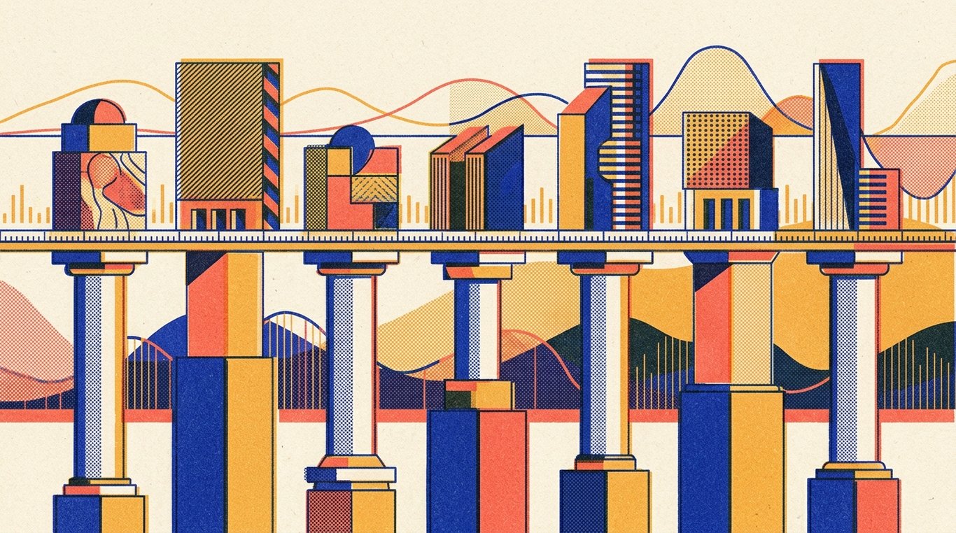 Contemporary risograph editorial illustration of harmonious architectural colonnade of balanced geometric pedestals and calibrated index rails supporting diverse enterprise sectors in equilibrium for 'Nifty IT ETFs: Is it the Right Time to Buy Tech Stocks?'