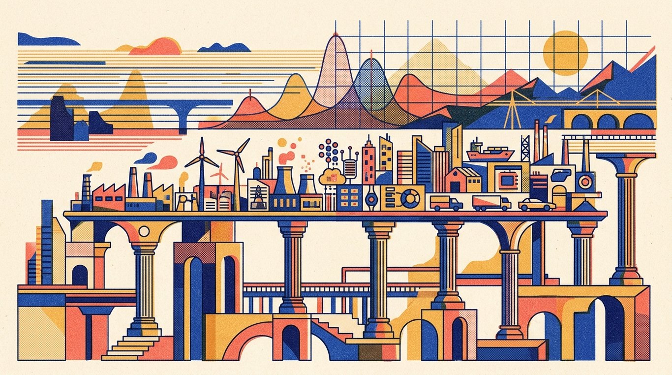 Contemporary risograph editorial illustration of harmonious architectural colonnade of balanced geometric pedestals and calibrated index rails supporting diverse enterprise sectors in equilibrium for 'Nifty LargeMidcap 250 Index Fund: A Perfect One-Fund Solution?'