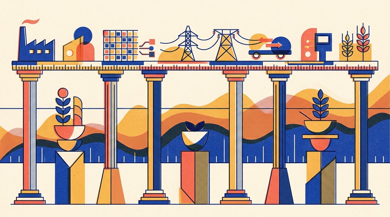 Contemporary risograph editorial illustration of harmonious architectural colonnade of balanced geometric pedestals and calibrated index rails supporting diverse enterprise sectors in equilibrium for 'Nifty Next 50 ETFs: The Hidden Gems of the Indian Market'