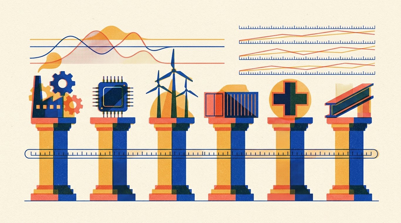 Contemporary risograph editorial illustration of harmonious architectural colonnade of balanced geometric pedestals and calibrated index rails supporting diverse enterprise sectors in equilibrium for 'Nifty Next 50 Index Funds: Higher Risk, Higher Potential Returns'