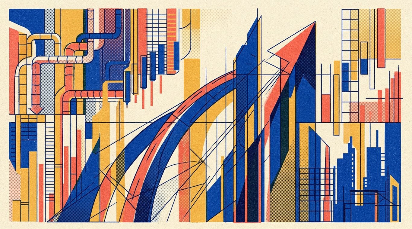 Contemporary risograph editorial illustration of ascending geometric trajectory arches and soaring enterprise silhouettes climbing alongside precision analytical drafting lines for 'Options Trading for Students: Why It's the Quickest Way to Lose Your Capital'