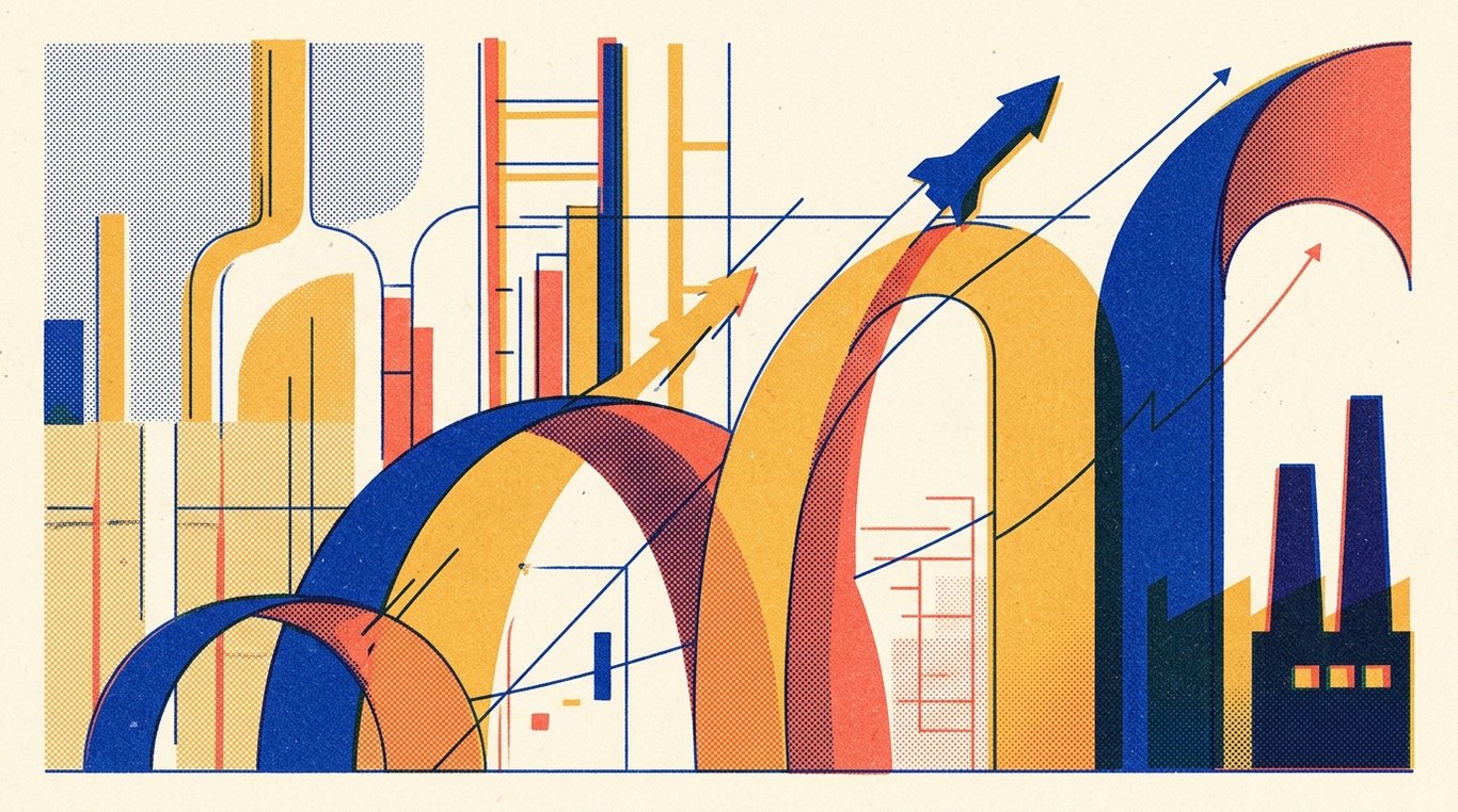 Contemporary risograph editorial illustration of ascending geometric trajectory arches and soaring enterprise silhouettes climbing alongside precision analytical drafting lines for 'P/E Ratio Explained: Is a High P/E Always Bad?'