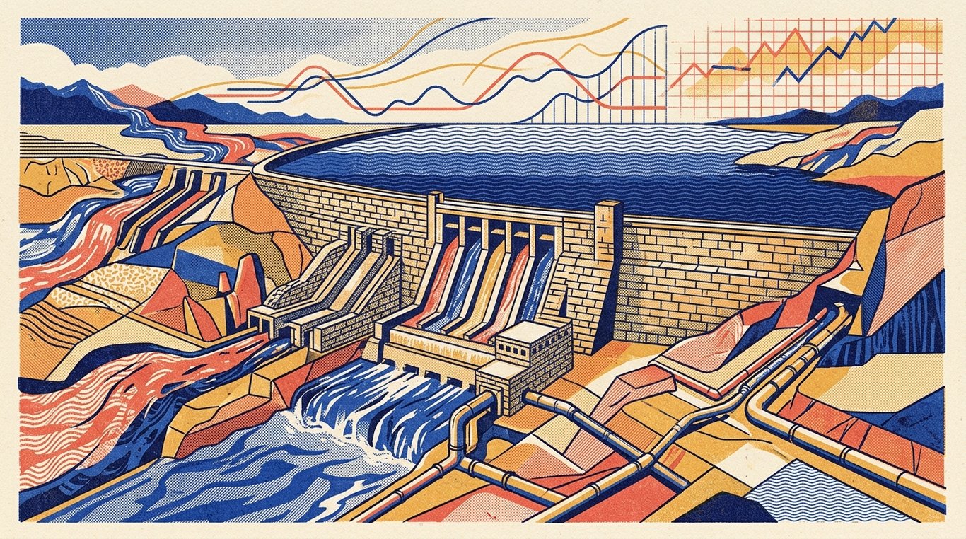 Contemporary risograph editorial illustration of monumental stone reservoir dam with calibrated sluice gates and industrial liquidity aqueducts channeling capital across fixed-income terrains for 'Perpetual Bonds (AT1 Bonds): The Hidden Risks Bank RMs Don't Tell You'