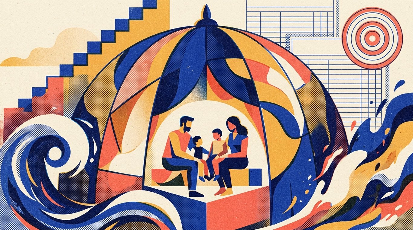 Contemporary risograph editorial illustration of imposing, fortified architectural dome shield sheltering a family sanctuary and financial foundation against storm waves and sudden external turbulence for 'Personal Accident Insurance: The Most Underrated Cover in India'