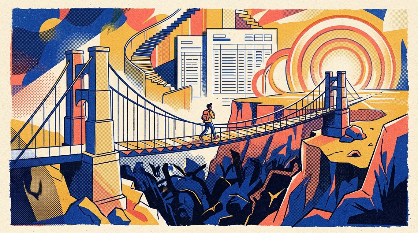Contemporary risograph editorial illustration of architectural suspension bridge supported by solid collateral pillars, enabling an aspiring individual to cross safely over financial canyons toward long-term goals for 'Personal Loan vs Credit Card Loan: Which is the Lesser Evil?'