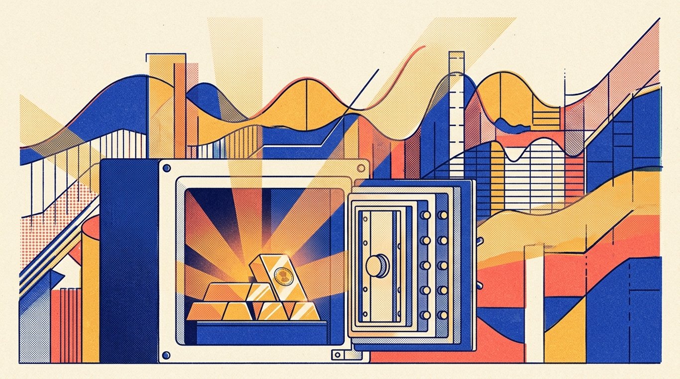 Contemporary risograph editorial illustration of polished geometric bullion bars and sovereign seal ingots resting safely inside a reinforced bank vault safe, emitting warm luminescent financial security rays for 'Physical Gold vs Digital Gold vs SGBs: A Comprehensive Comparison'