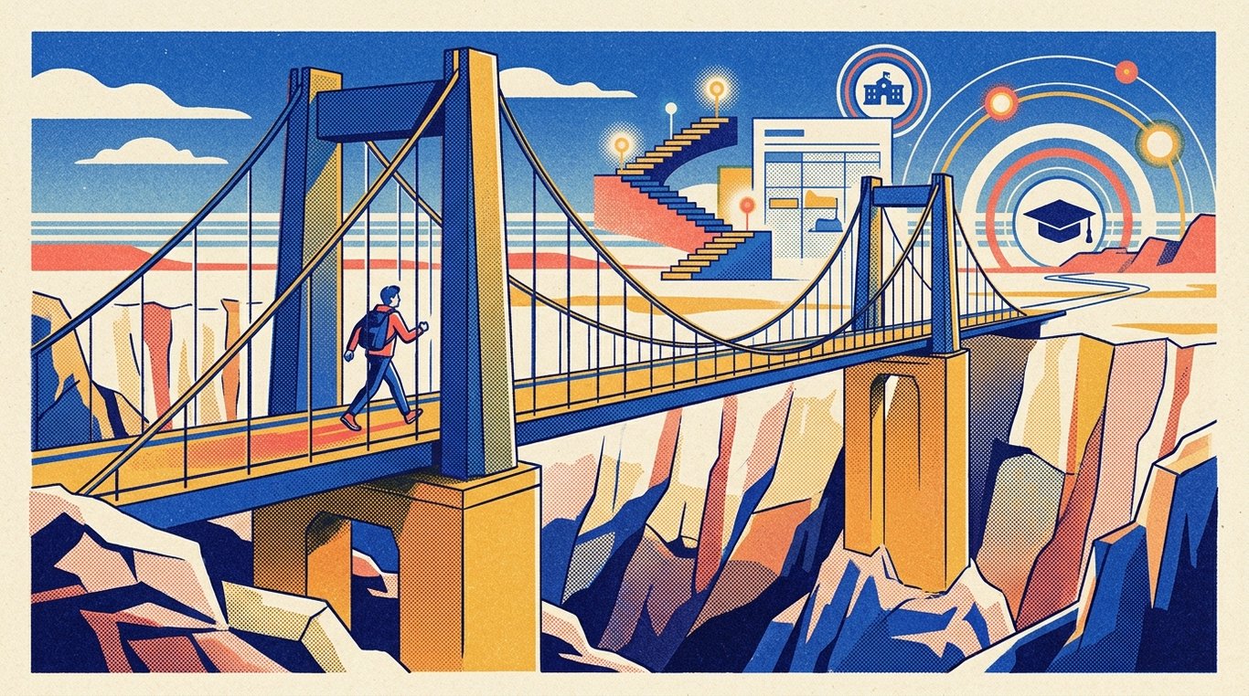 Contemporary risograph editorial illustration of architectural suspension bridge supported by solid collateral pillars, enabling an aspiring individual to cross safely over financial canyons toward long-term goals for 'Planning for Your Child's Foreign Education: A 10-Year Roadmap'