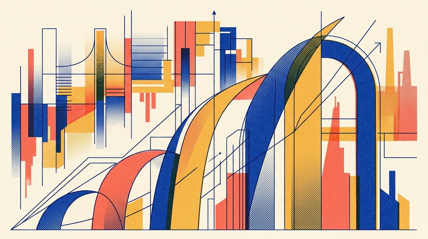 Contemporary risograph editorial illustration of ascending geometric trajectory arches and soaring enterprise silhouettes climbing alongside precision analytical drafting lines for 'Pledging Shares for Margin: The Risks You Need to Know'