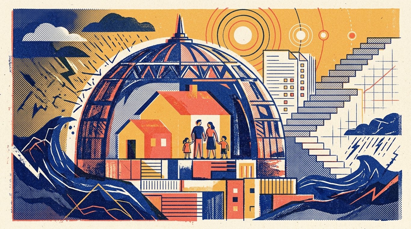 Contemporary risograph editorial illustration of imposing, fortified architectural dome shield sheltering a family sanctuary and financial foundation against storm waves and sudden external turbulence for 'Pre-existing Diseases in Health Insurance: Never Hide Them (Here's Why)'