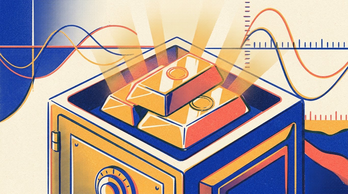 Contemporary risograph editorial illustration of polished geometric bullion bars and sovereign seal ingots resting safely inside a reinforced bank vault safe, emitting warm luminescent financial security rays for 'Premature Withdrawal from SGBs: Rules and Tax Implications'