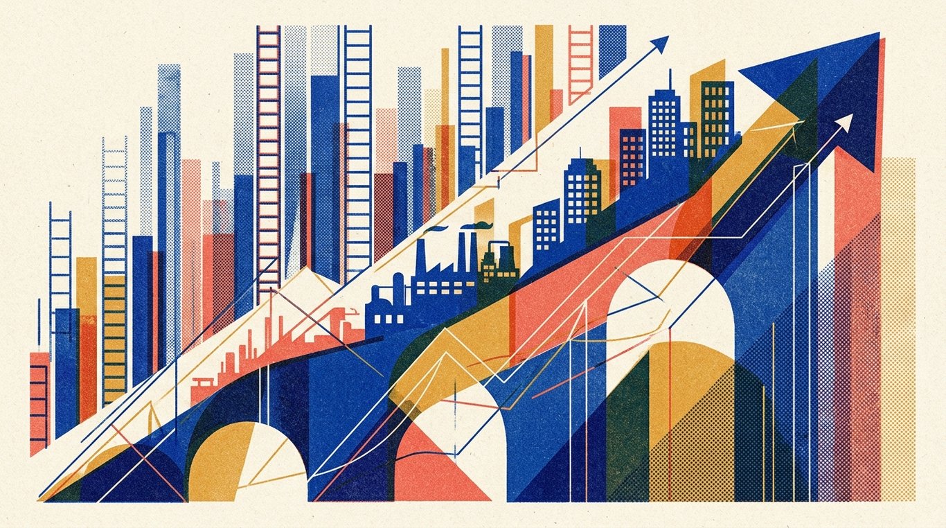 Contemporary risograph editorial illustration of ascending geometric trajectory arches and soaring enterprise silhouettes climbing alongside precision analytical drafting lines for 'Promoter Holding & Pledging: Red Flags Every Investor Should Check'