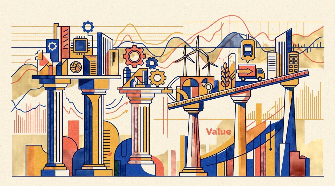 Contemporary risograph editorial illustration of harmonious architectural colonnade of balanced geometric pedestals and calibrated index rails supporting diverse enterprise sectors in equilibrium for 'Quality vs Value Index Funds: Factor Performance in India'