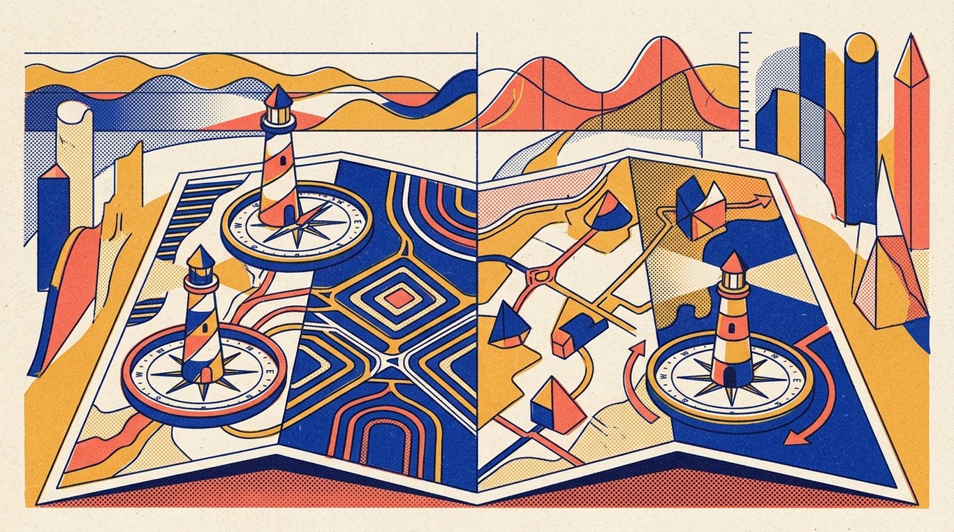 Contemporary risograph editorial illustration of intricate navigational financial map with self-calibrating compass dials and beacon lighthouses guiding capital through changing market cycles for 'RBI Retail Direct Portal: How to Buy Government Securities Directly'