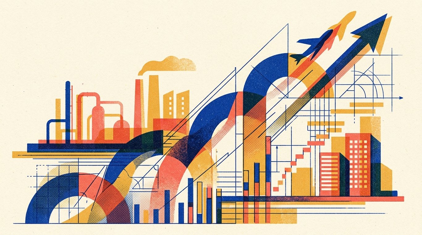 Contemporary risograph editorial illustration of ascending geometric trajectory arches and soaring enterprise silhouettes climbing alongside precision analytical drafting lines for 'Reading an Annual Report: What to Look for Beyond the Numbers'